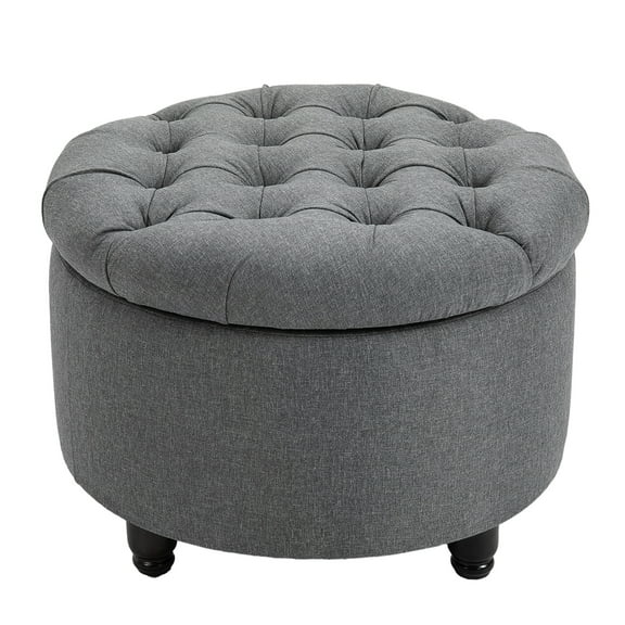 Round Linen-touch Fabric Storage Footstool Ottoman Button Tufted Footrest with Removable Lid, Grey