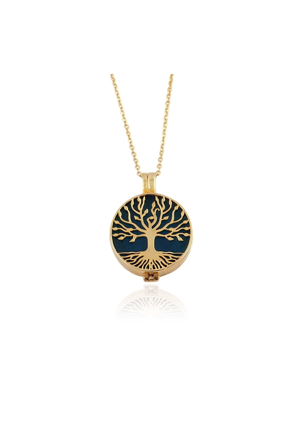 Round Locket, Apatite, Jade Tree Necklace, Gold Plated, 18 Inch Chain