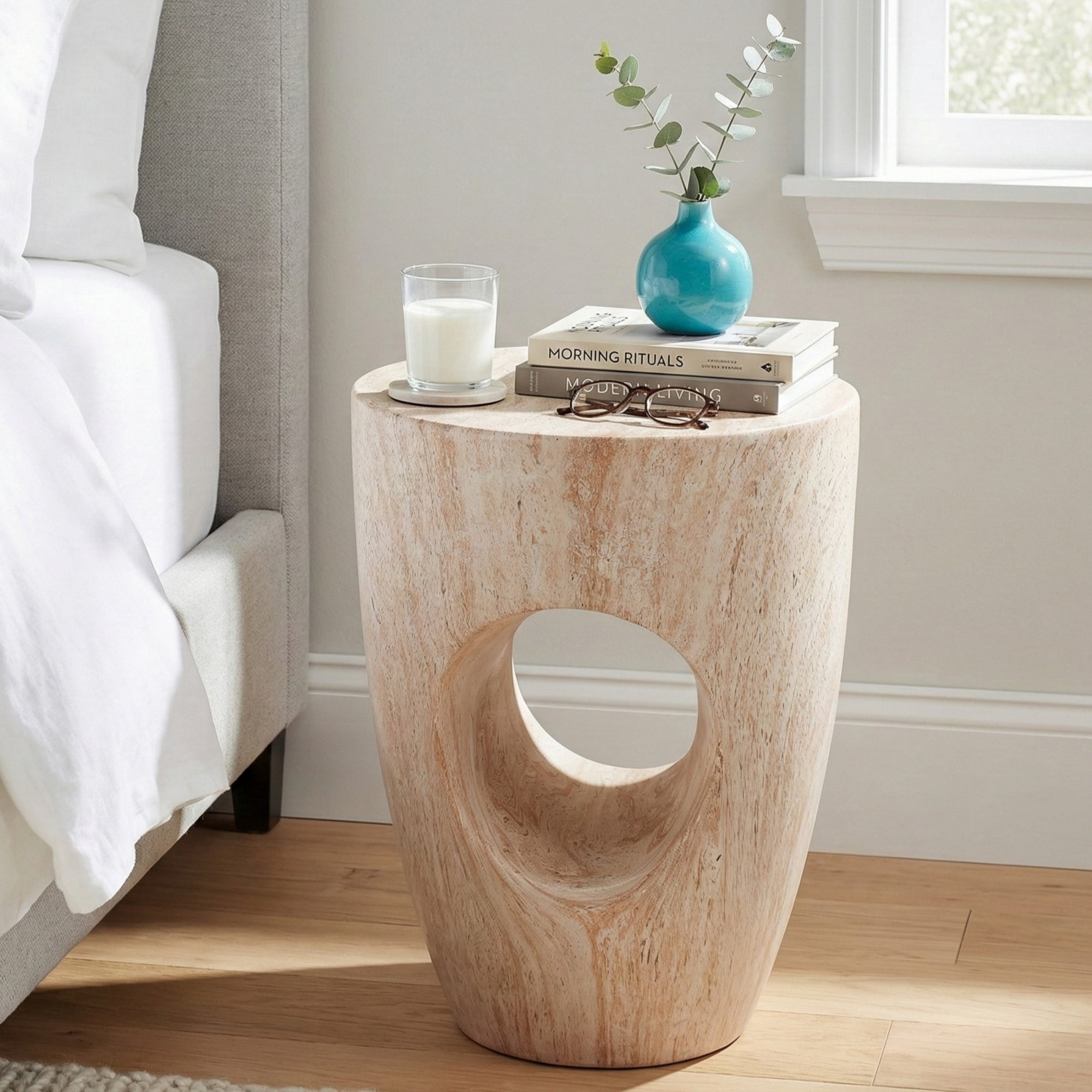 Round MGO Side Table 14.96 Inch, Faux Marble Outdoor Garden Stool and Indoor End Table, No Assembly Required, Beige Marble