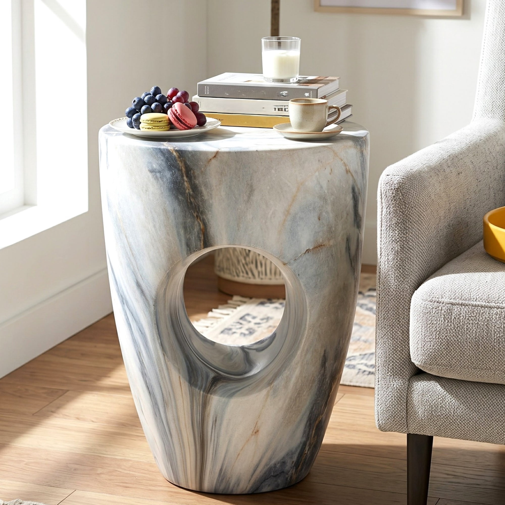Round MGO Side Table 14.96 Inch, Faux Marble Outdoor Garden Stool and Indoor End Table, No Assembly Required, Blue Marble