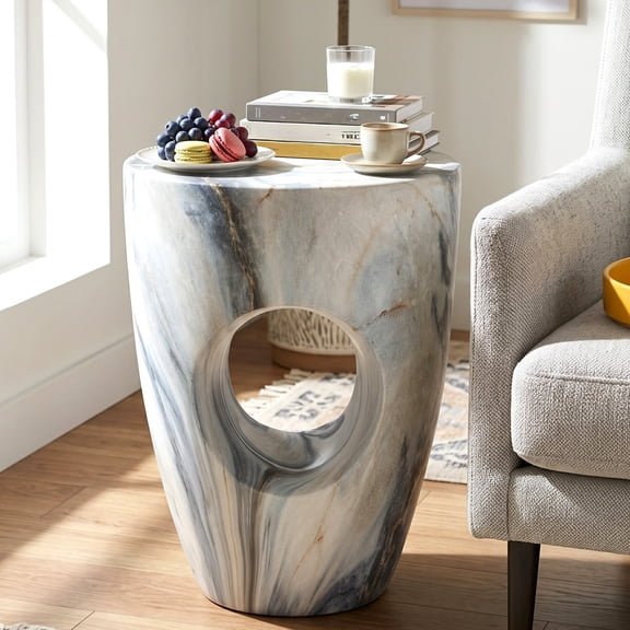 Round MGO Side Table 14.96 Inch, Faux Marble Outdoor Garden Stool and Indoor End Table, No Assembly Required, Blue Marble