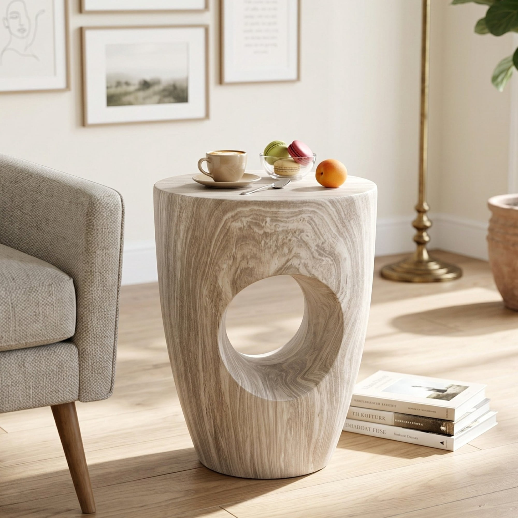 Round MGO Side Table 14.96 Inch, Faux Marble Outdoor Garden Stool and Indoor End Table, No Assembly Required, Gray Marble