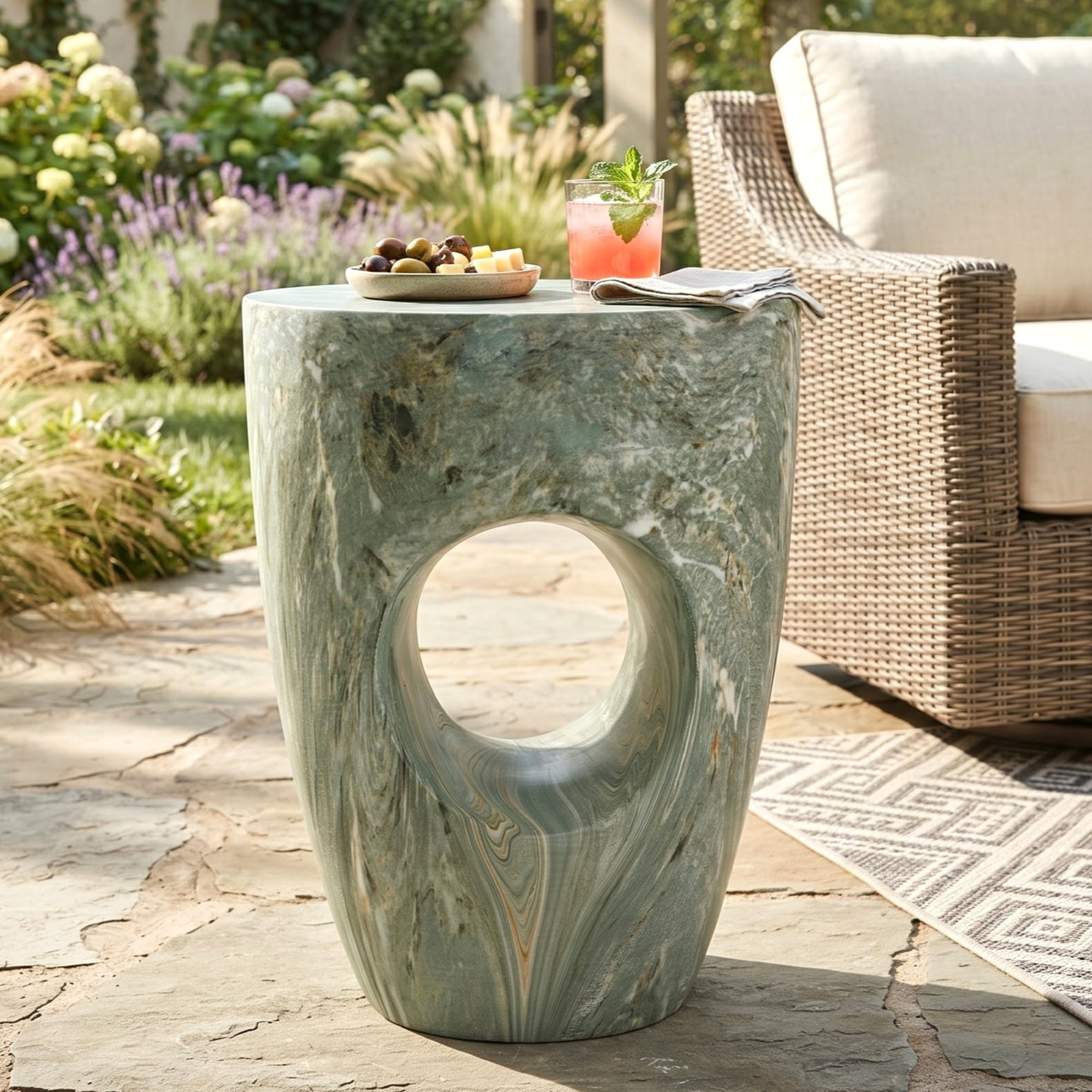Round MGO Side Table 14.96 Inch, Faux Marble Outdoor Garden Stool and Indoor End Table, No Assembly Required, Green Marble