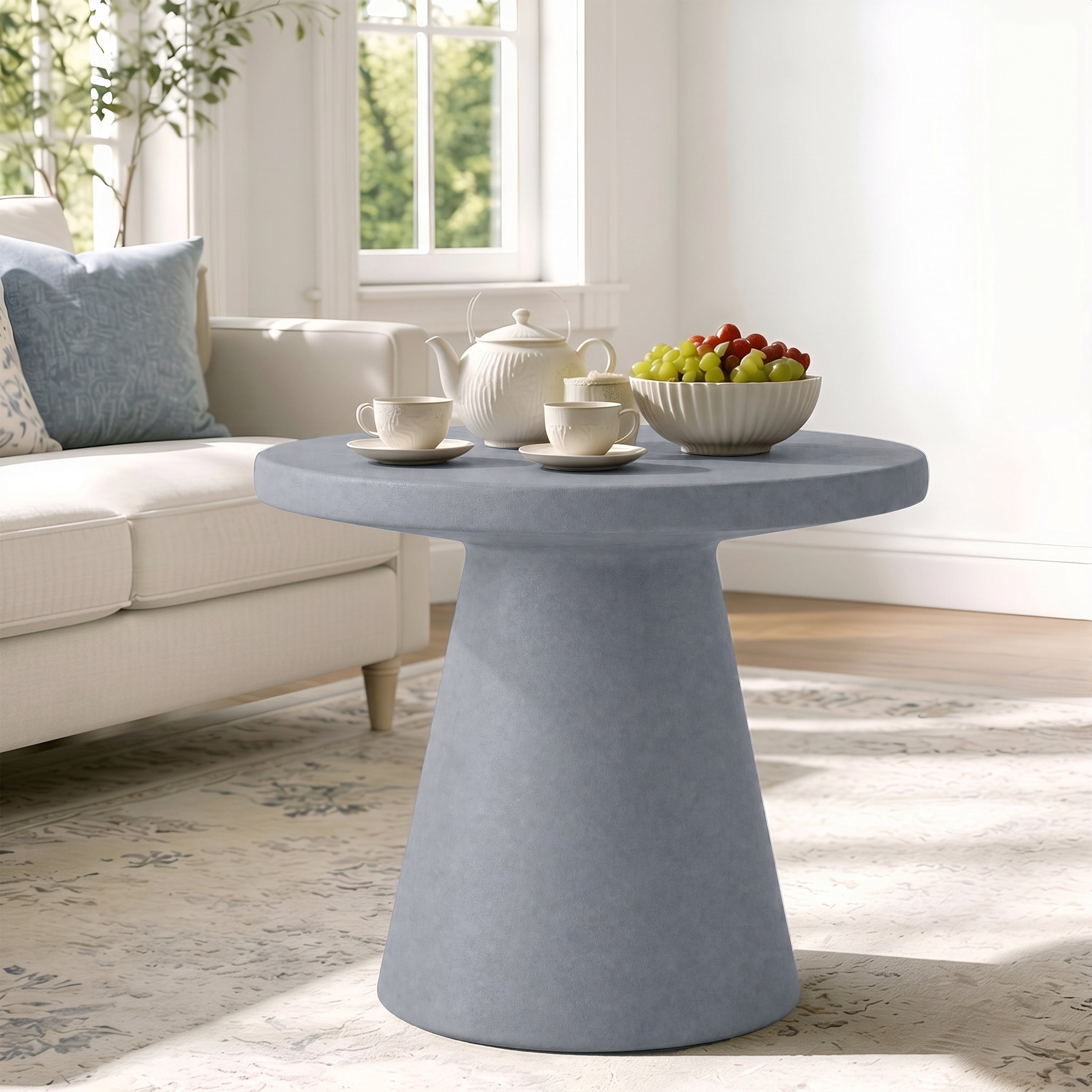 Round MGO Side Table – Durable Construction, Tapered Base,Cement Gray
