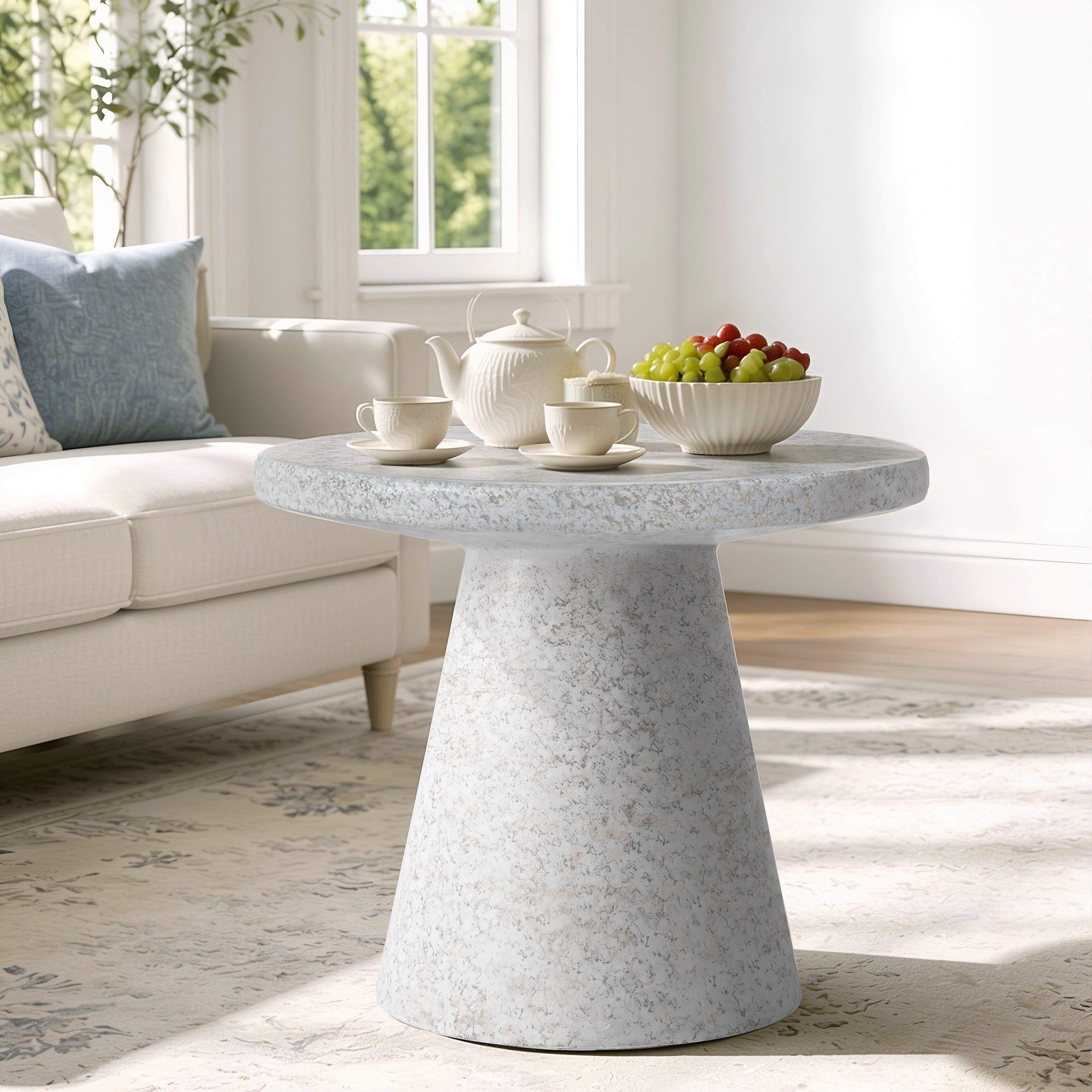 Round MGO Side Table – Durable Construction, Tapered Base, Cloud Ceramic White