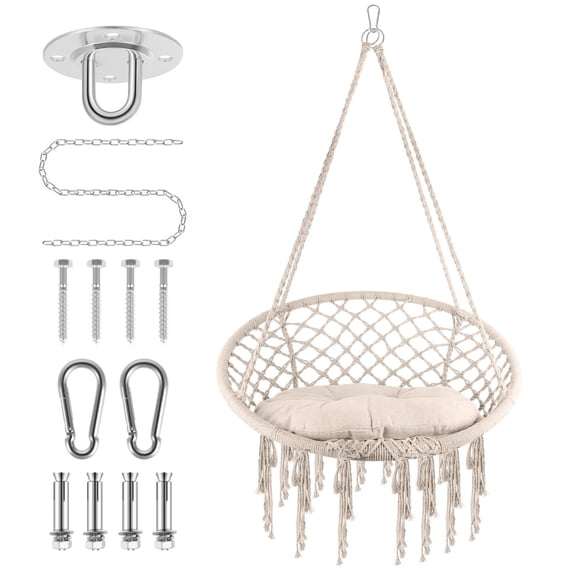 Round Macrame Hammock Chair with Cushion, 330 LBS Capacity, 31.5 in x 53.1 in Handwoven Cotton Swing Chair with Mounting Kit for Indoor Bedroom Outdoor Patio Yard
