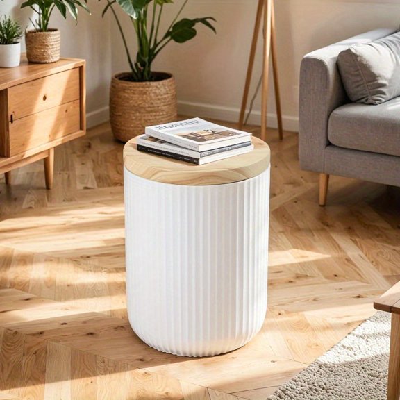 Round Magnesium Oxide Outdoor Accent Table (White) - Weather-Resistant Side Table with Hidden Storage, Indoor/Patio Friendly