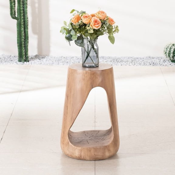 Round Magnesium Oxide Side Table with Faux Wood Grain Finish, Modern Cylinder End Table with Adjustable Leveling Foot, Lightweight Accent Table for Living Room, Bedroom, Patio