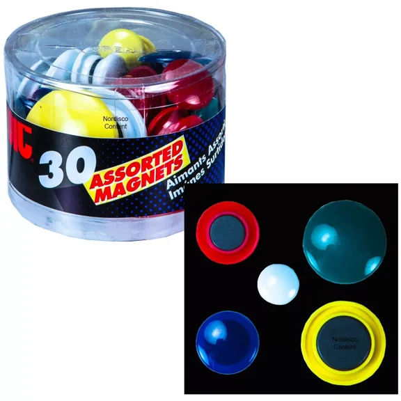 Round Magnets, Assorted Sizes & Colors, Tub Of 30
