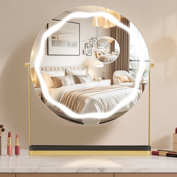 Round Makeup Mirror with Lights,Desktop LED Bulb Mirror Featuring 10X Magnifying Spot Mirror, Smart Touch, Removable Storage Tray, Desktop Mirror for Bedroom, Easy Assembly, Gold