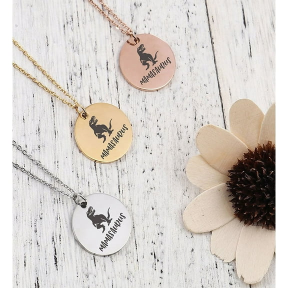 Round Mamasaurus Mother's Day Necklace, Mother's Day Gift for Her, Dainty Mamasaurus Round Necklace for Mom to Be, New Mom Mother's Day Gift, Mother's Day Present Jewelry Present [Silver]