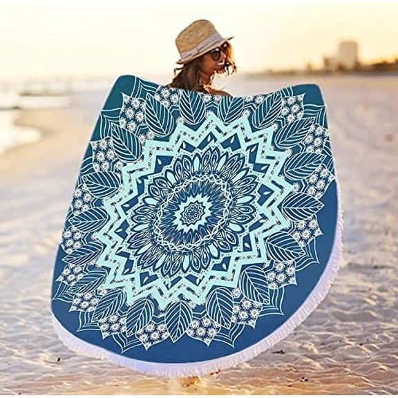 Round Mandala Beach Towel, Microfiber Hippie Boho Extra Large Sand Proof Quick Dry Beach Blanket, Circle Pool Picnic Table Mediation Yoga Mat, 59 inch Towel with Tassels Gifts for Women