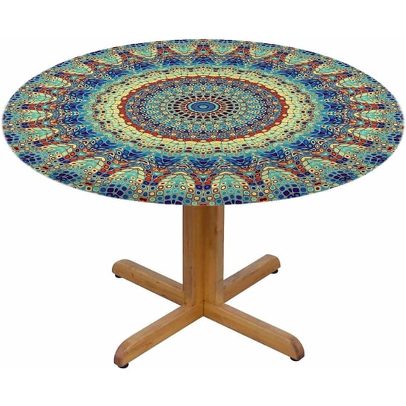 Round Mandala Round Table Cloth Abstract Mosaic Tile Elastic Edged Table Cover Fade And Stain Resistant Table Cloths Easy To Clean Fits Tables 40-44" Diameter