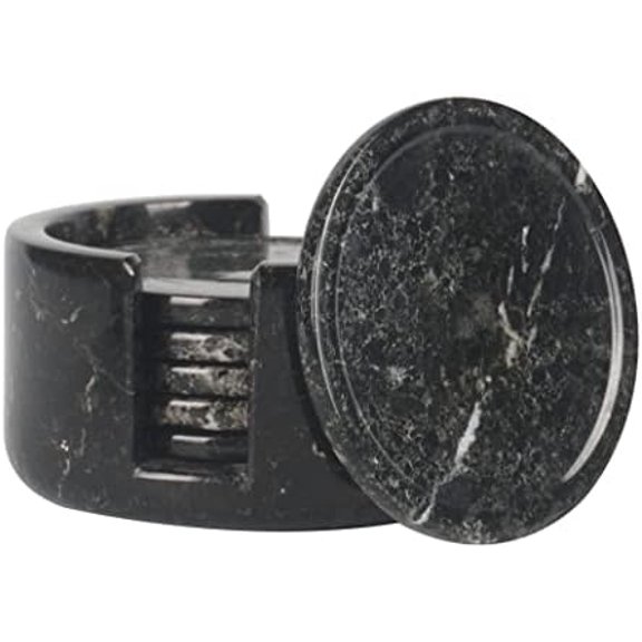 Round Marble Coasters with Holder 3.5'" Inch Black Handmade Coasters Set of 6 for Coffee Bar Accessories, Ideal Absorbent Coasters and Drinking Coaster Set for Tabletop