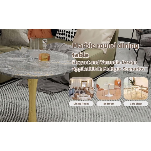 Round Marble Coffee Table Dining Table 27.6 inch, Mid Century Modern Gold Pedestal Base, Waterproof Scratch Resistant for Apartment Living Room Cafe
