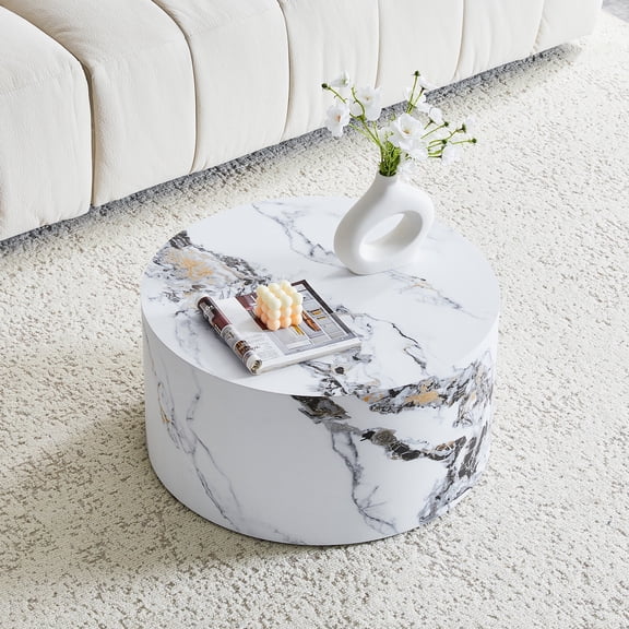 Round Marble Coffee Table, Modern Small Circle Center Table 23.6" Diameter x 11.8" Height, No Assembly Living Room Coffee Table for Apartment, Sofa Side Table for Small Spaces, Minimalist Home Decor