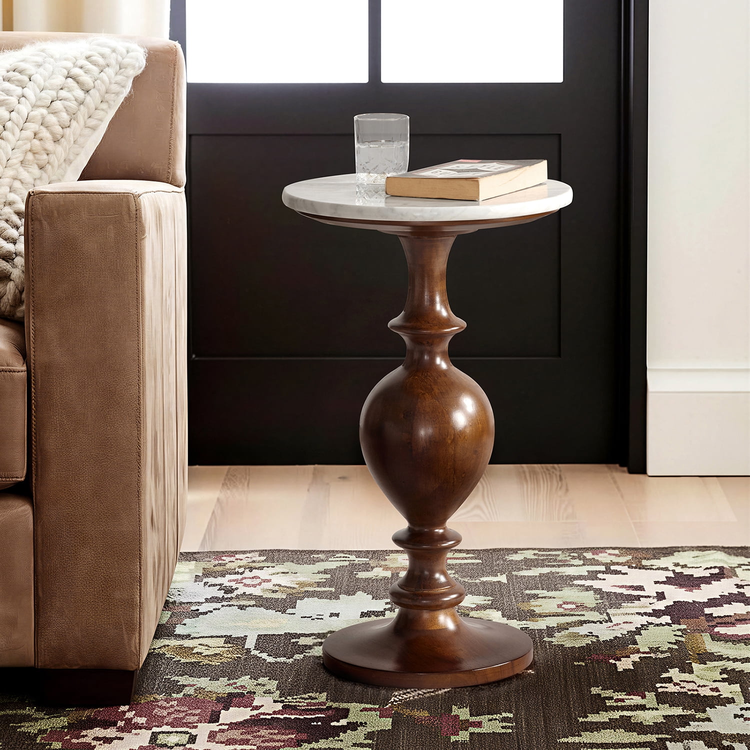 Round Marble End Table Solid Wood Pedestal, 14 Inch Living Room Side ...