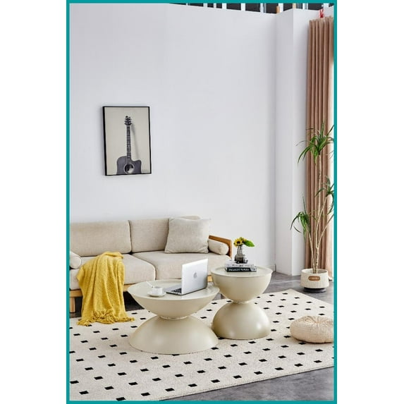 Round Marble-Look Coffee Table Set of 2 with Built-In Cat Bed – Space-Saving for Living Room