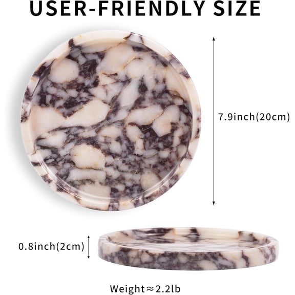 Round Marble Perfume Tray - Stone Jewelry Holder Dish, Trinket Ring Key Purse Plate Decorative Bowl for Nightstand Entryway Coffee Table Decor (7.9 inch)
