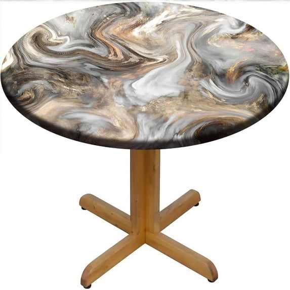 Round Marble Table Cloth, Elastic Waterproof Sand Brown Retro Marbling Texture Fitted Tablecloth for 52" Tables, Polyester Backed Wipe Clean Table Covers for Dining, Camping, Outdoor