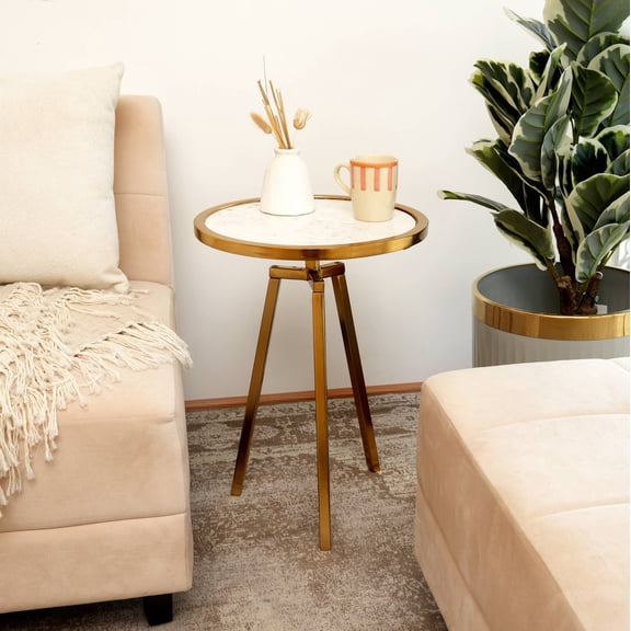 Round Marble Top Side Table | Gold Metal Frame | End Table