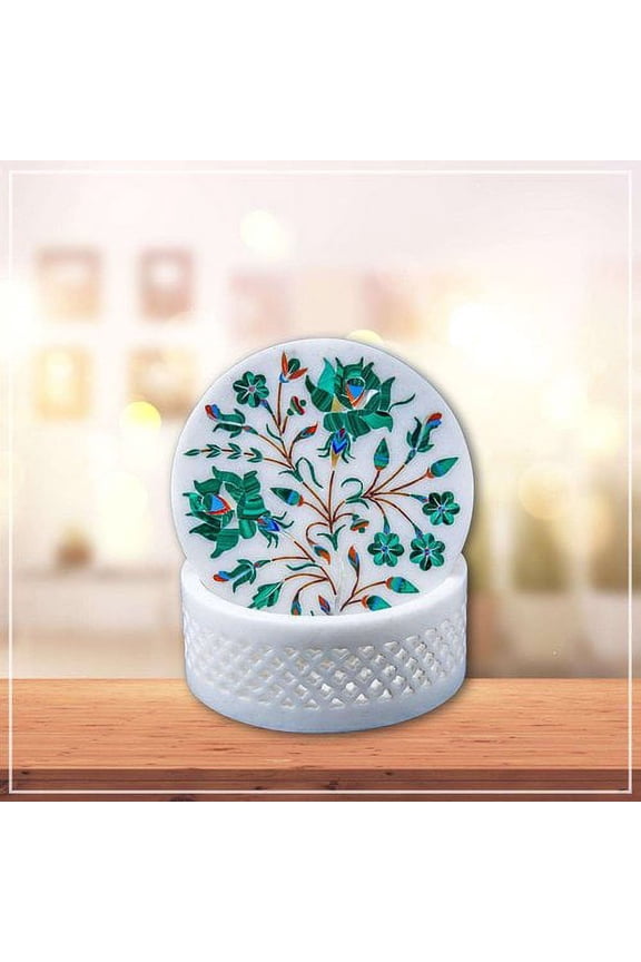 Round Marble White Jewelry Box With Malachite Inlay Stone Art Box