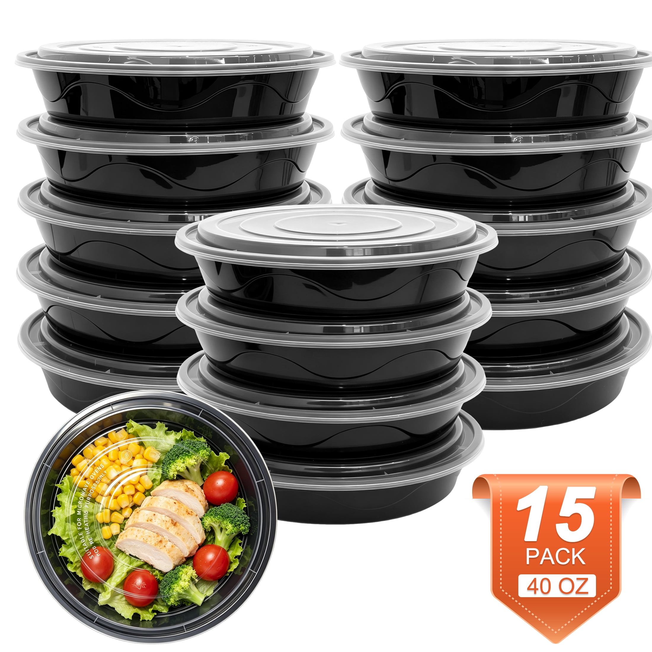 GARITIN 15 Pack Meal Prep Containers 40 Oz, Round Plastic Food Storage Bowls with Lids, BPA‑Free Microwave & Freezer Safe