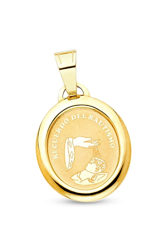 Round Medallion Religious Charm Holy Baptism Genuine 14k Yellow Gold Solid Christian Design Polished Solid 17 mm x 11 mm