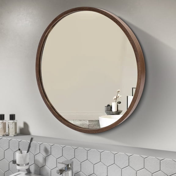 Round Medicine Bathroom Mirror Cabinet Wood Framed Walnut Wall Mounted 19.68*5.4in for Bathrooms, Toilets, Balconies