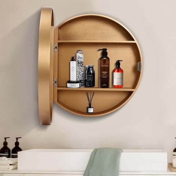 Round Medicine Cabinet 20Inch, Circular Wall Surface Mounted Bathroom Mirror Cabinet Wood Medicine Mirror with Storage,Gold