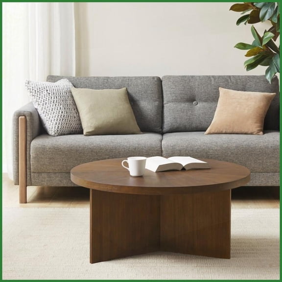 Round Medium Walnut Coffee Table with Starburst Veneer Top, Easy to Wipe Clean for Living Room