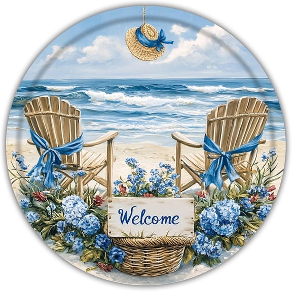 Round Metal Beach Welcome Tin Sign, Retro Wall Decor for Home Bar Cafe Garden Yard Porch, 8 Inch
