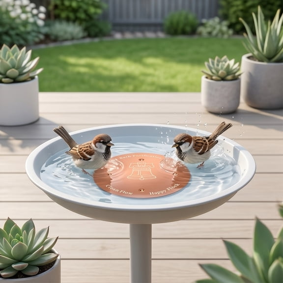 Round Metal Bird Bath Disc - Natural Copper Water Purification for Outdoor Birds, Non-Slip Base, All-Weather Use