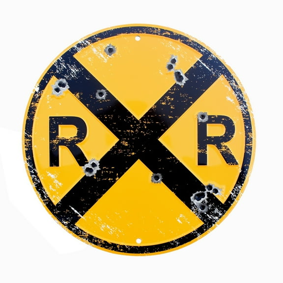 Round Metal Bullet Holes RR XING Railroad Crossing Train Sign Rustic Railfan Home Bar Wall Art Decor