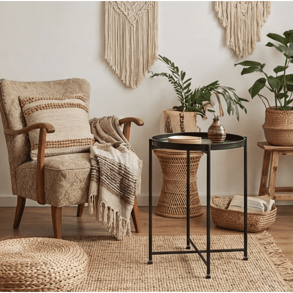 Round Mini Tray Top Side End Table with Metal Frame, Contemporary Accent Nightstand for Bedroom, Living Room, Patio & Small Spaces, 1 Pack