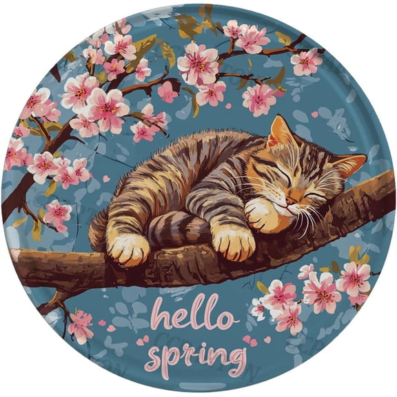 Round Metal Hello Spring Sign, Funny Home Porch Garden Yard Outdoor Wall Decor, 8 x 8 Inch