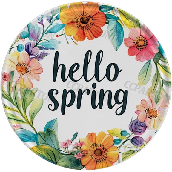 Round Metal Hello Spring Wreath Sign, Funny Front Door or Porch Decor, 8 x 8 Inch