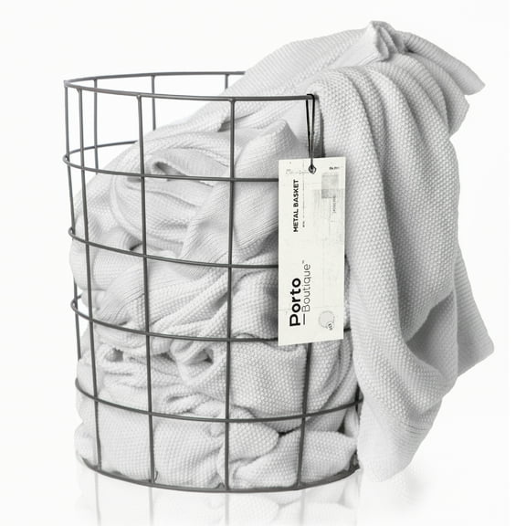 Round Metal Laundry Basket - Wire Hamper for Blankets, Towels, and More - Indoor and Outdoor Storage Bin - Living Room Organization - Rustic Farmhouse Decor - Grey Utility Bin - Small