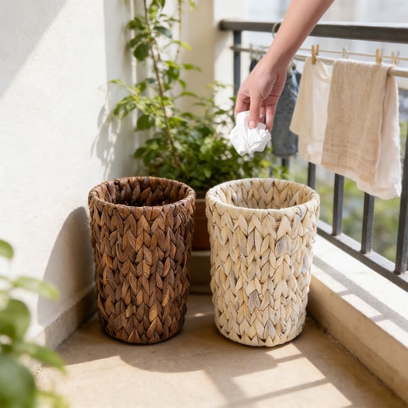 Round Metal Mesh Garbage Can Wastebasket, Decorative Woven Style Trash Bin for Bathroom, Bedroom, Office, Kitchen, Sturdy Metal Construction with Open Top for Easy Waste Disposal, 11*7in, Brown