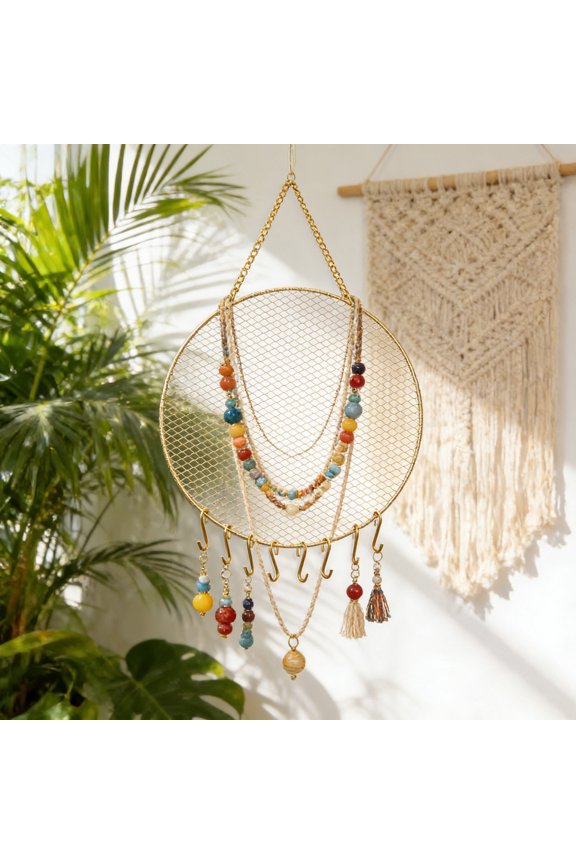 Round Metal Mesh Jewelry Organizer, Wall Mounted Round Metal Mesh Jewelry Stand, Space Saving Hanging Display Rack, Storage Holder for Earring Bracelet and Fashion Accessory