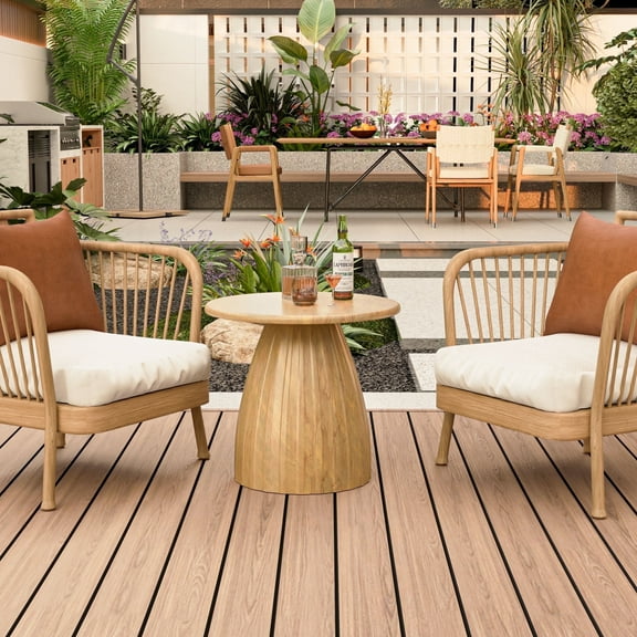 Fsbecl Round Metal and Wood Outdoor End Table, Brown