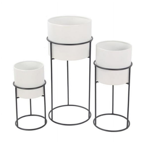 Round Metal Planter with Tubular Base, White & Black - 3 Piece