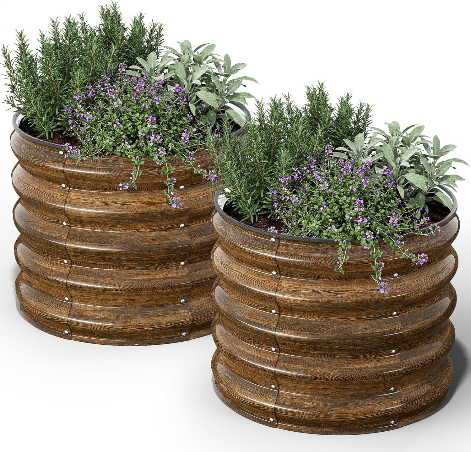 Round Metal Raised Garden Bed, 2x2x1.5 FT, 18-Inch Deep Galvanized Steel Garden Bed with Open Bottom for Outdoor Vegetables & Herbs, Walnut Finish, 2 Pack