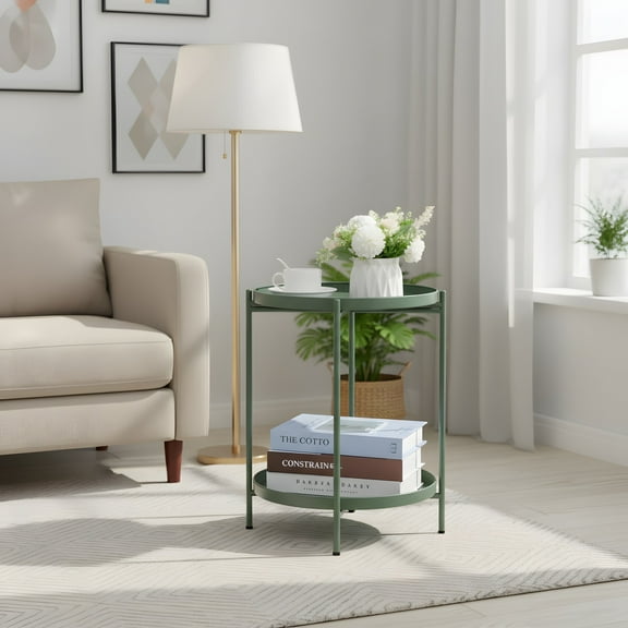 Round Metal Side Table - 2-Tier Tray Design - Matcha Green Accent Table