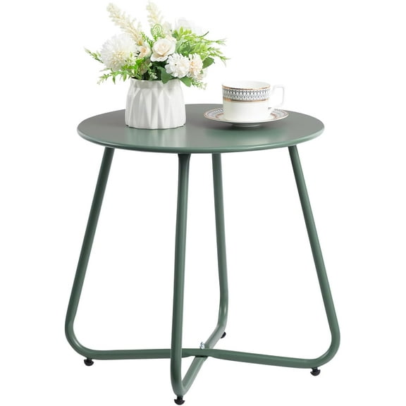 Round Metal Side Table, Rust-Resistant Patio Small Plant Stand, Outdoor 17.32'' Portable End Table for Balconies, Gardens, Living Rooms and Bedrooms, Atrovirens