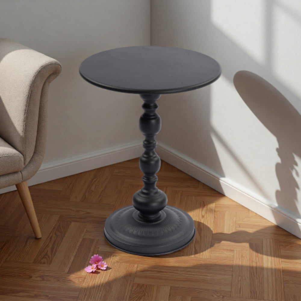 Round Metal Side Table, Vintage End Table with Pedestal Base, Small Accent Table for Sofa, Bedside, Balcony, Living Room & Bedroom, Black