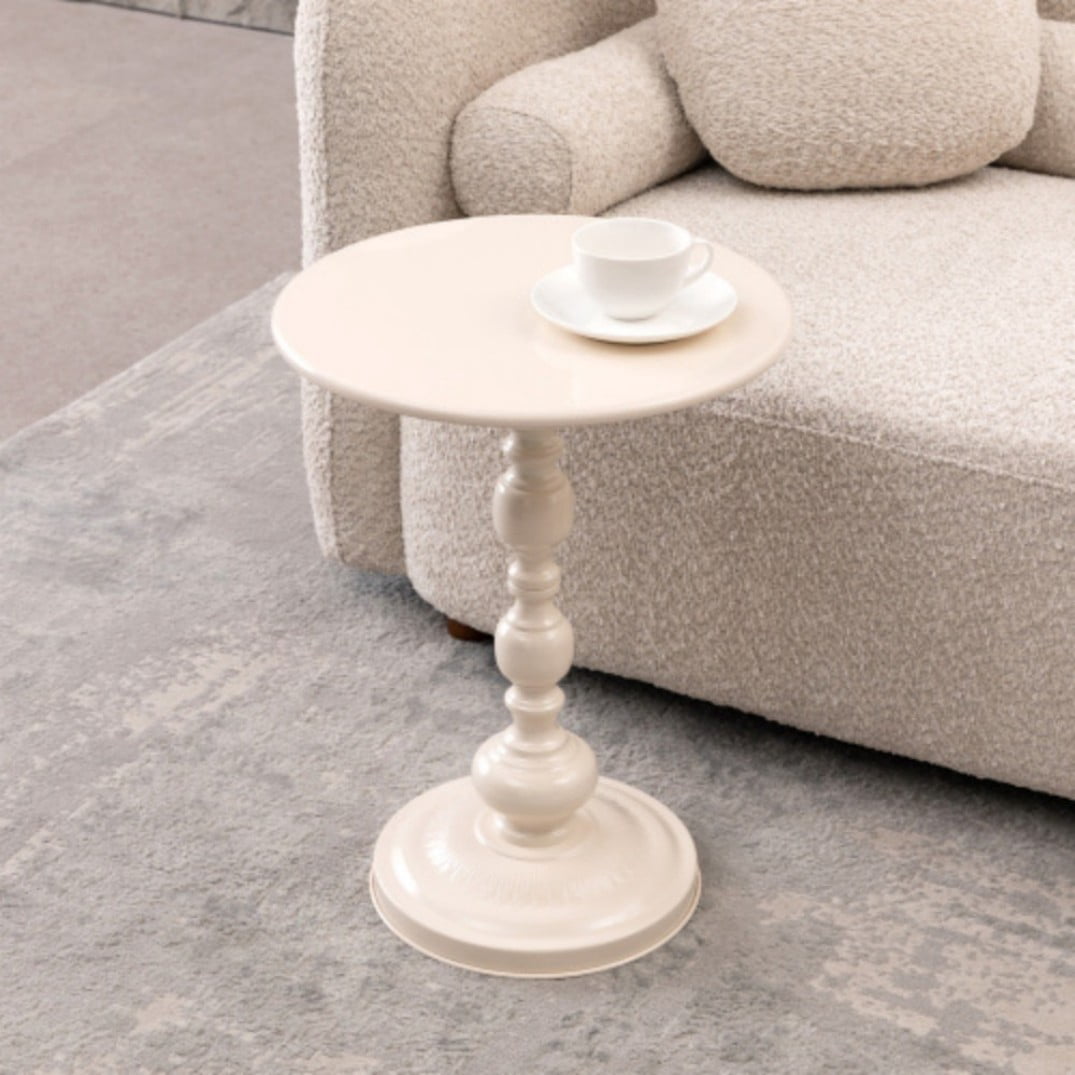 Round Metal Side Table, Vintage End Table with Pedestal Base, Small Accent Table for Sofa, Bedside, Balcony, Living Room & Bedroom, Cream White