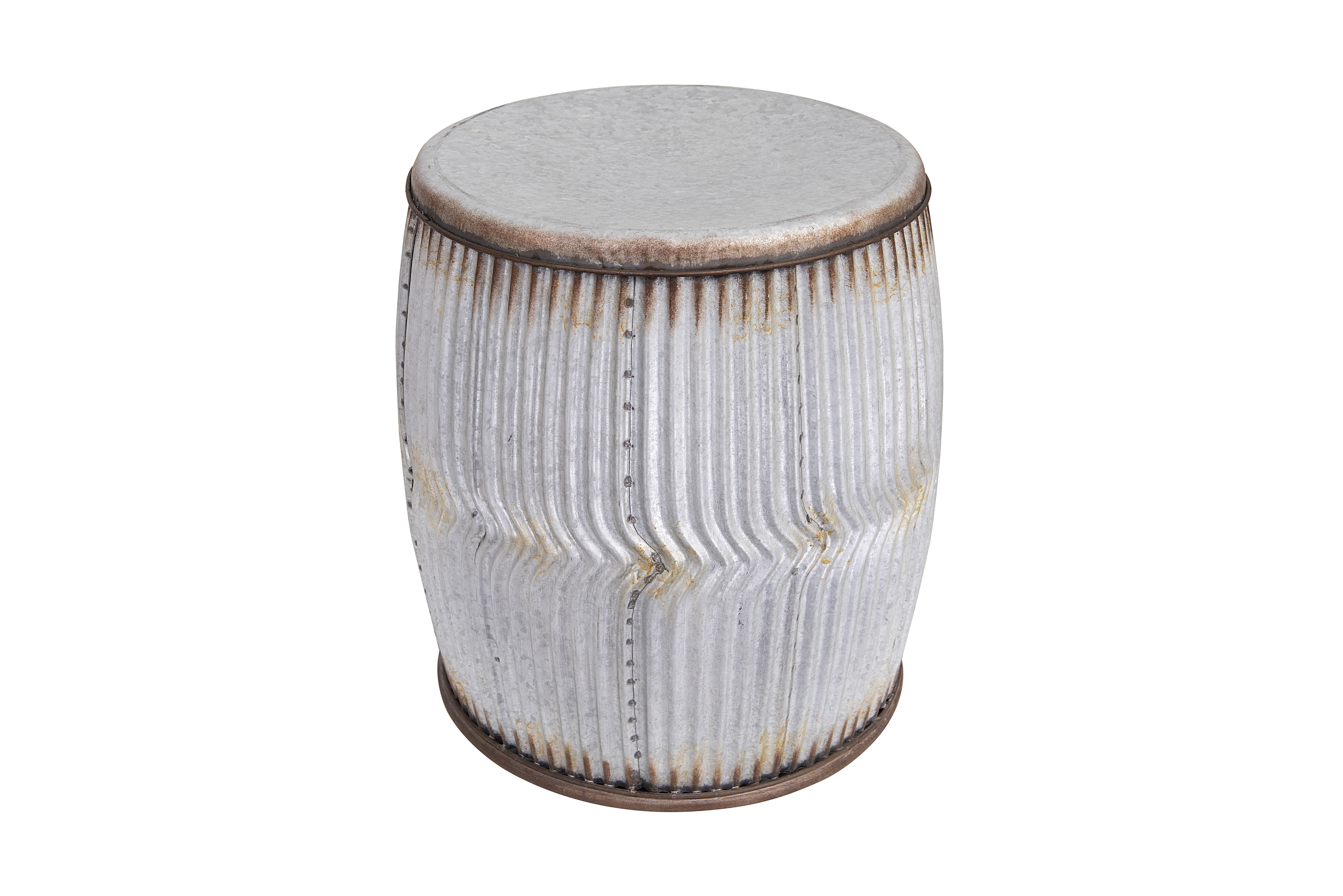 Rustic Round Metal Barrel Side Table with Storage, 17.5" High