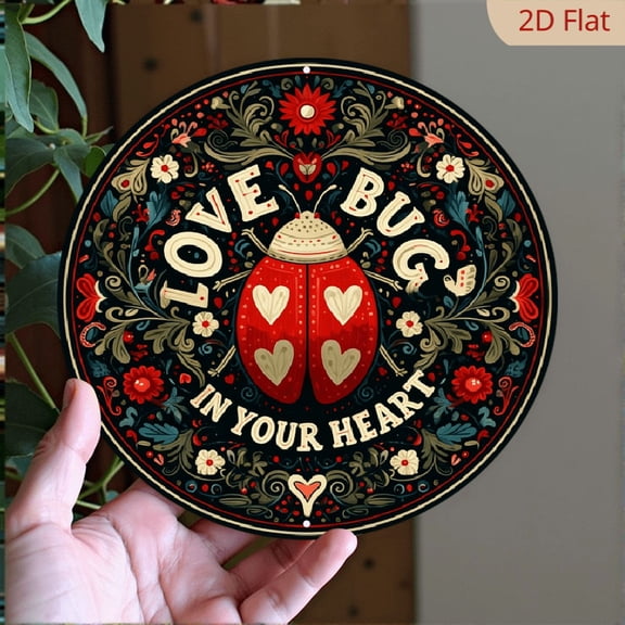 Round Metal Sign Love Bug in Your Heart- Pre-Drilled Iron Wall Art Decor, Weather-Resistant Foil Engraved Plaque for Home Garden, Easy to Hang Wreath Sign, IndoorOutdoor Aesthetic Decorat