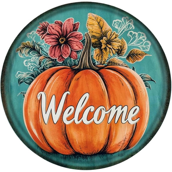 Round Metal Sign Welcome Pumpkin Vintage Tin Sign Aluminum Retro Signs for Yard Garden Indoor Outdoor Wreath Home Fall Decor 8 Inch